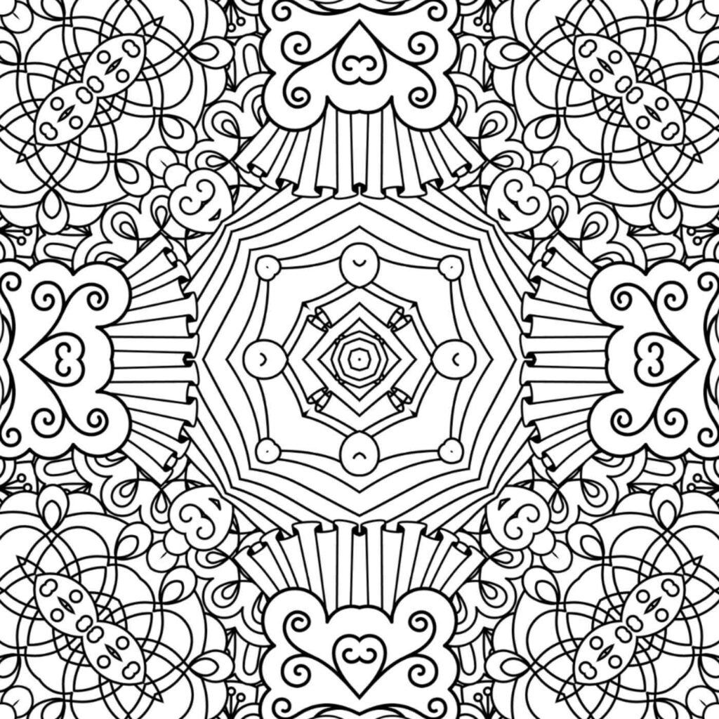 Intricate black and white swirling harmony mandala with heart and cloud motifs for coloring and meditation