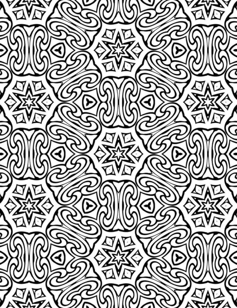 Black and white swirling mandala with interlocking star patterns and triangular accents for coloring and mindfulness