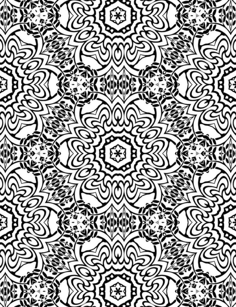 Swirling heart mandala coloring page with black-and-white curves and floral star patterns