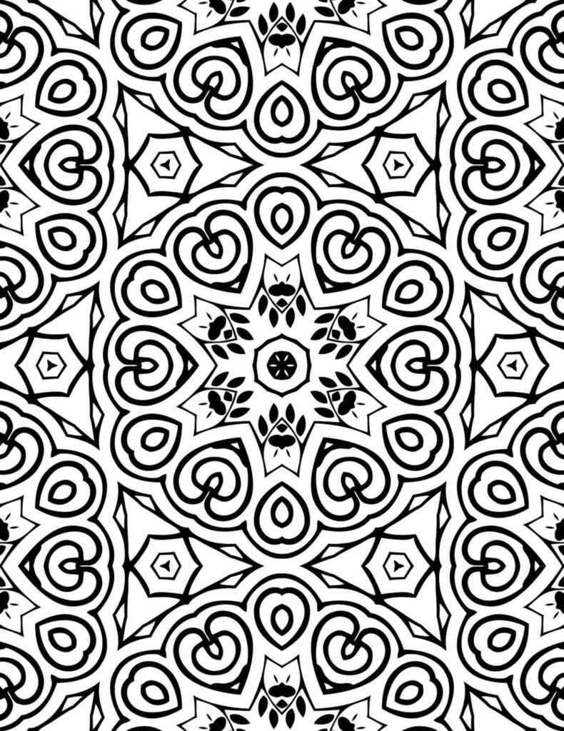 Black and white intricate swirling kaleidoscope mandala with organic curl patterns for coloring.