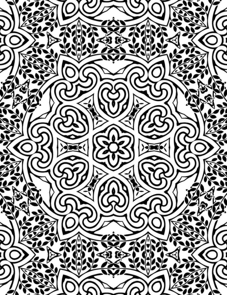 Ornate black and white mandala with swirling curves and leafy floral patterns for coloring and mindfulness
