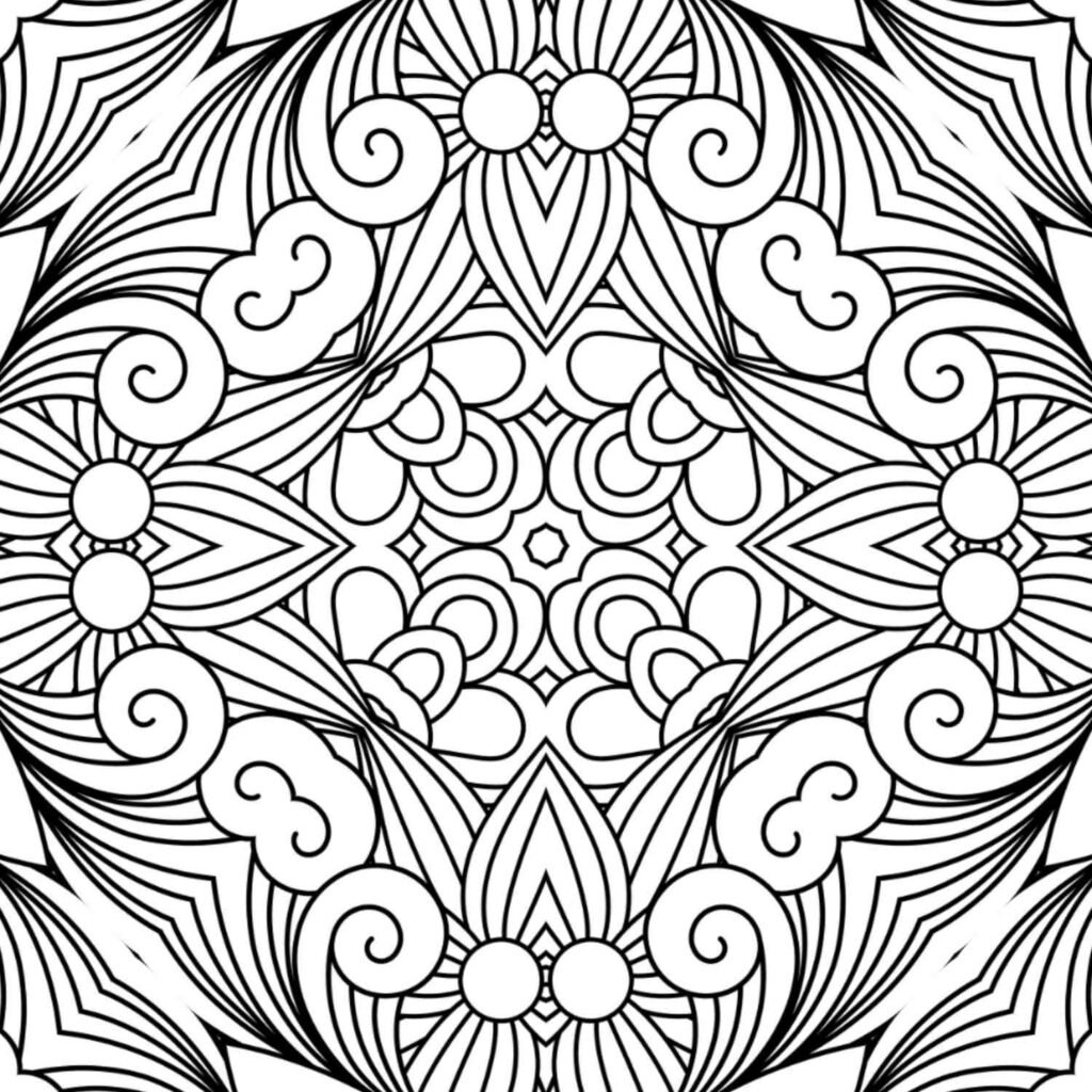 Symmetrical mandala design featuring elegant swirls, floral shapes, and repeating patterns, perfect for mindful coloring and relaxation.