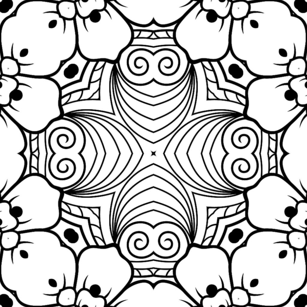 Swirling line mandala, organic shapes, intricate design, calming coloring page, stress relief