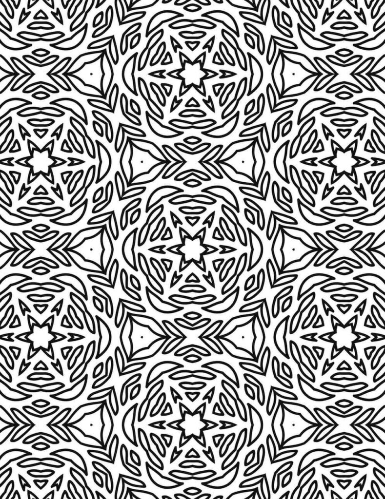 Black and white swirling star mandala with leaf-like patterns and geometric overlays for coloring and mindfulness