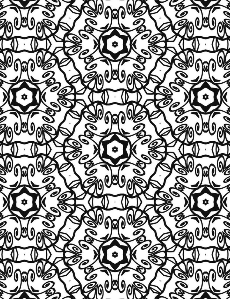 Detailed swirling star mandala with intricate black and white patterns and symmetrical floral accents for coloring and meditation.