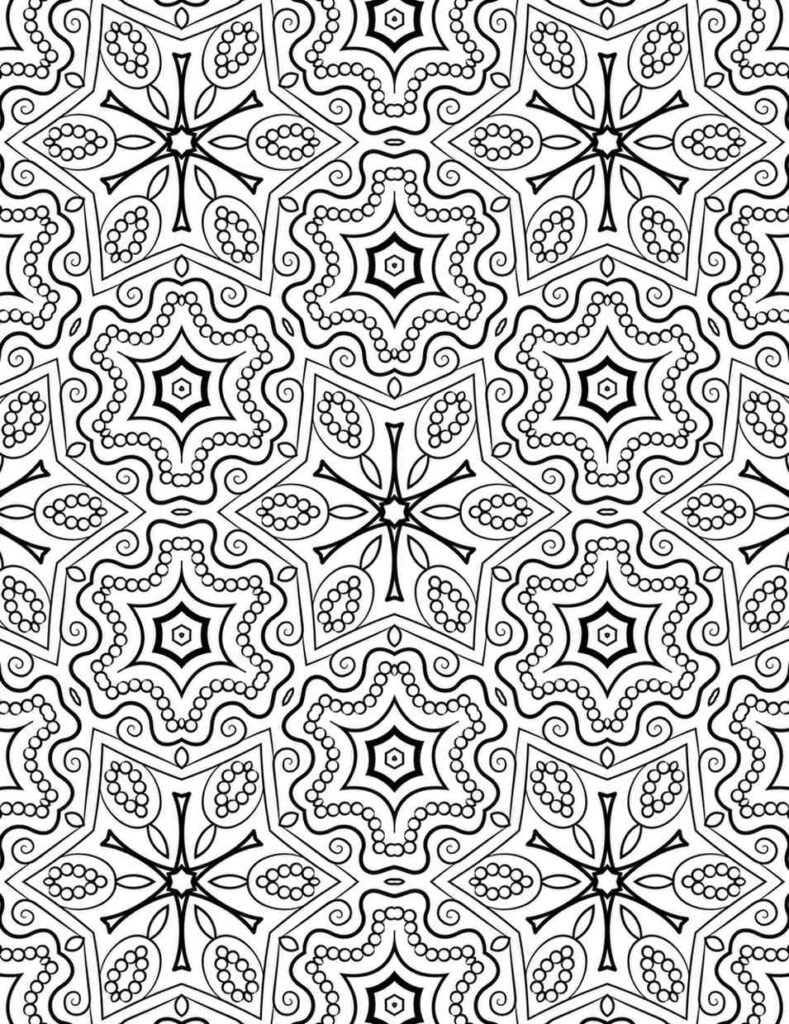 Intricate swirling star mandala design, complex patterns for adult coloring, seamless printable art for mindfulness, geometric and organic elements