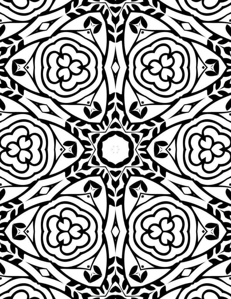 Intricate black and white symmetrical floral mandala for coloring and mindfulness.