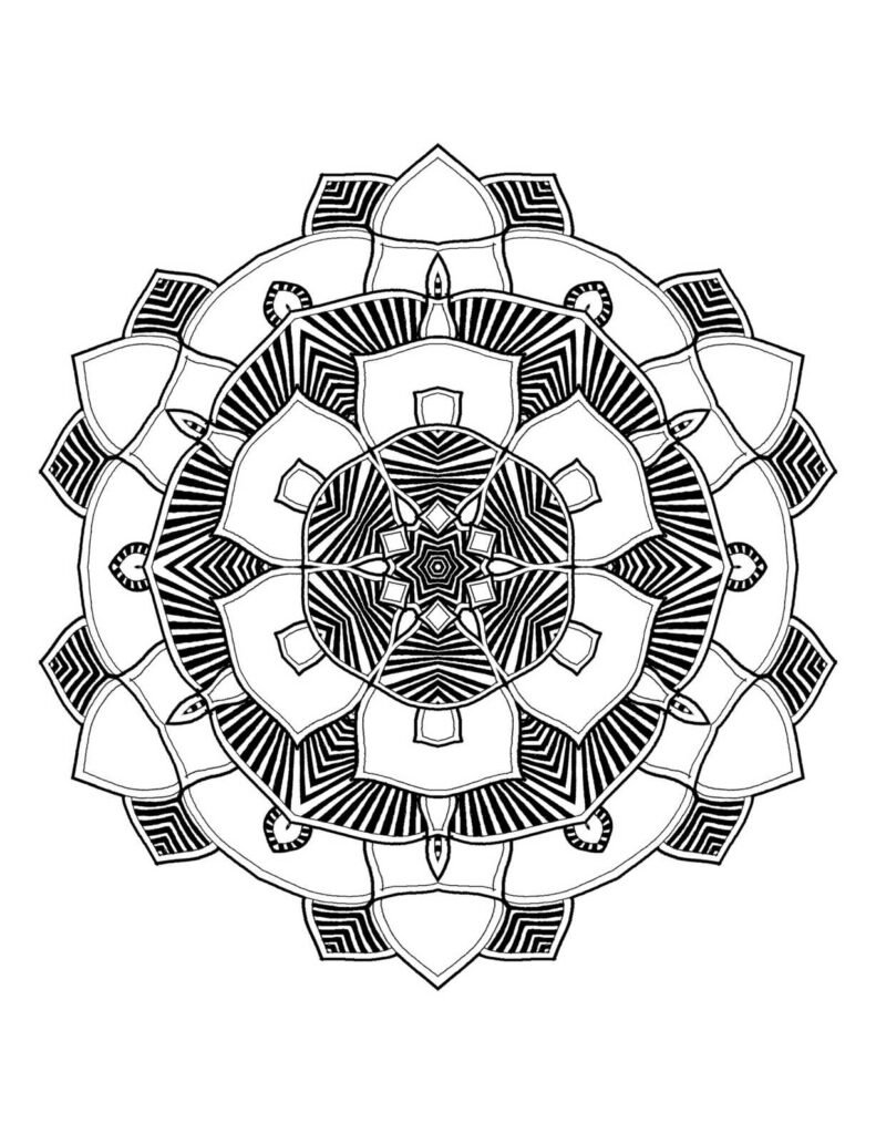 Symmetrical flower-like mandala with multiple layers of petals, some with horizontal stripes, and a central star pattern, black and white design for adult coloring.