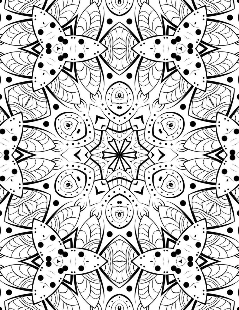 Detailed symmetrical starburst mandala coloring page with intricate patterns and bold outlines