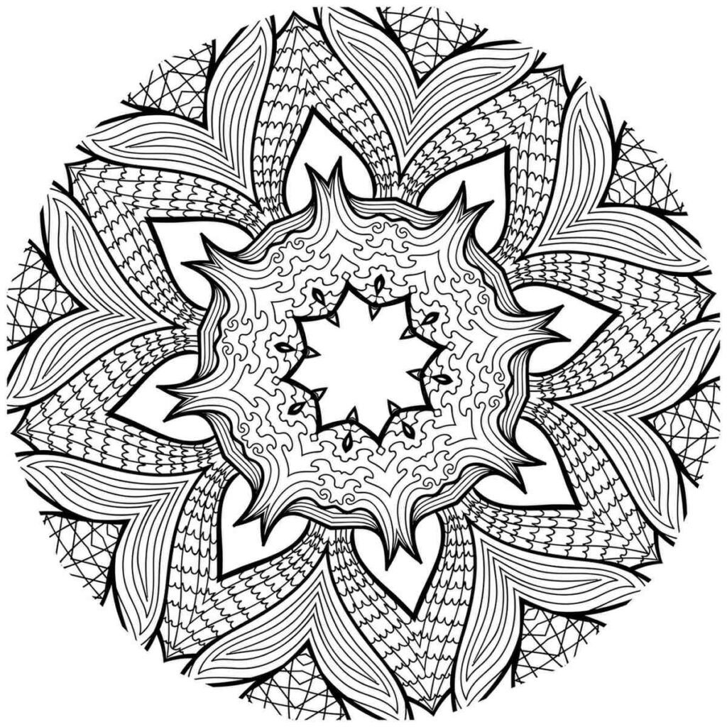 Bold black and white circular mandala with flowing tribal patterns and textured outer sections, perfect for artistic expression and stress relief.