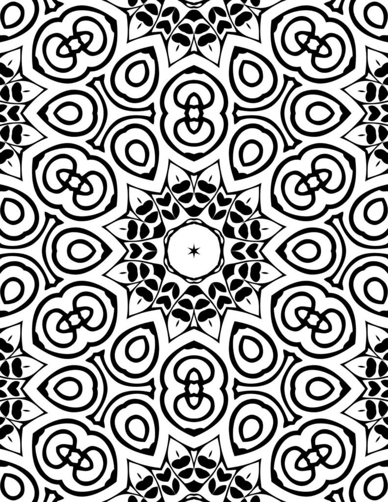 Black and white mandala with teardrop patterns, circular motifs, and a star center, perfect for coloring and relaxation.
