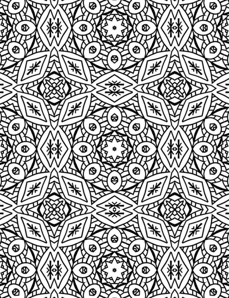 Free printable mandala with intricate 'grain of rice' and snowflake-like geometric patterns, perfect for mindful coloring and textured art therapy