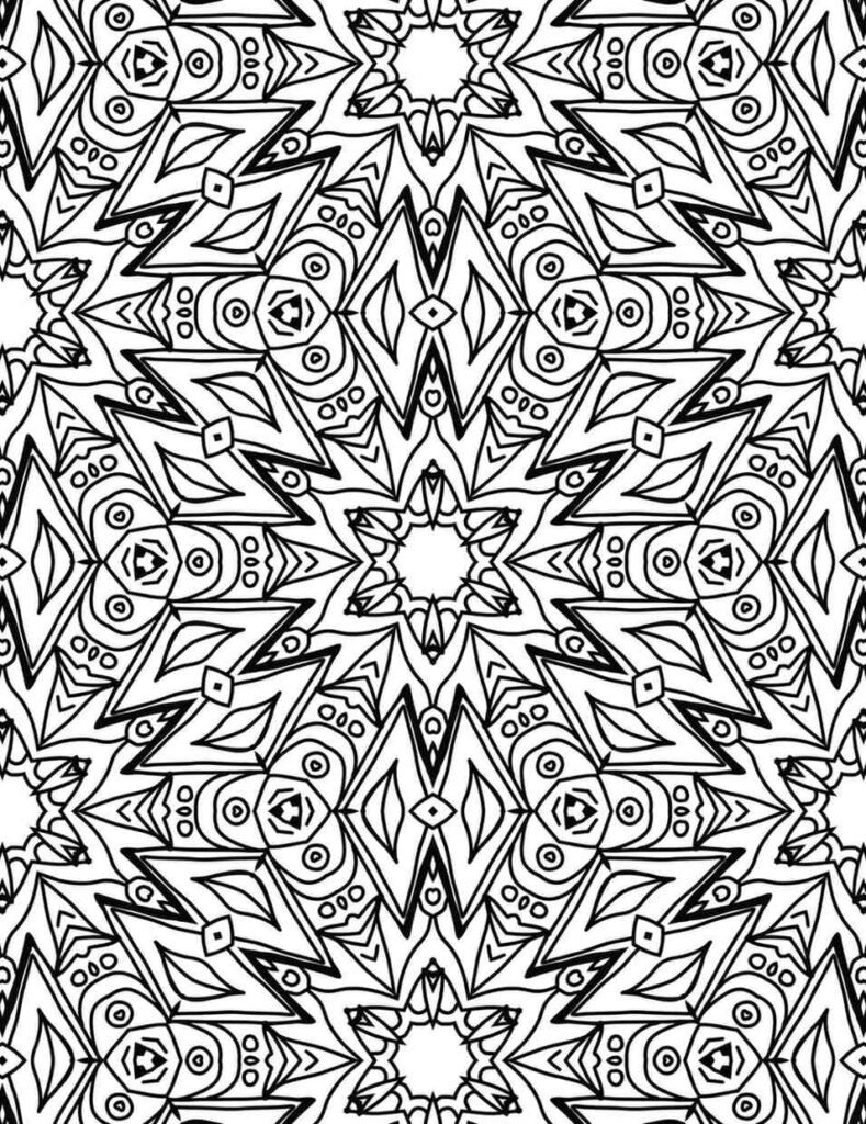 Intricate black and white thunderbolt harmony mandala with geometric and floral patterns for coloring and meditation.