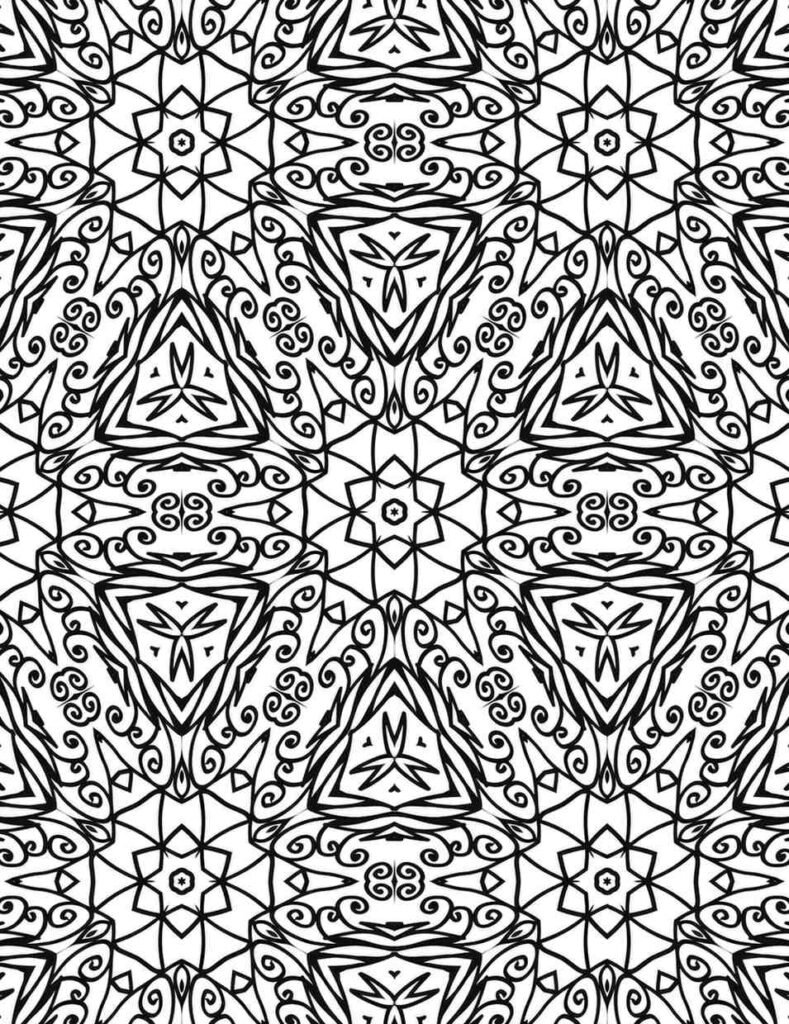 Tranquil black and white star mandala with swirling tendrils and triangular frames for coloring and meditation