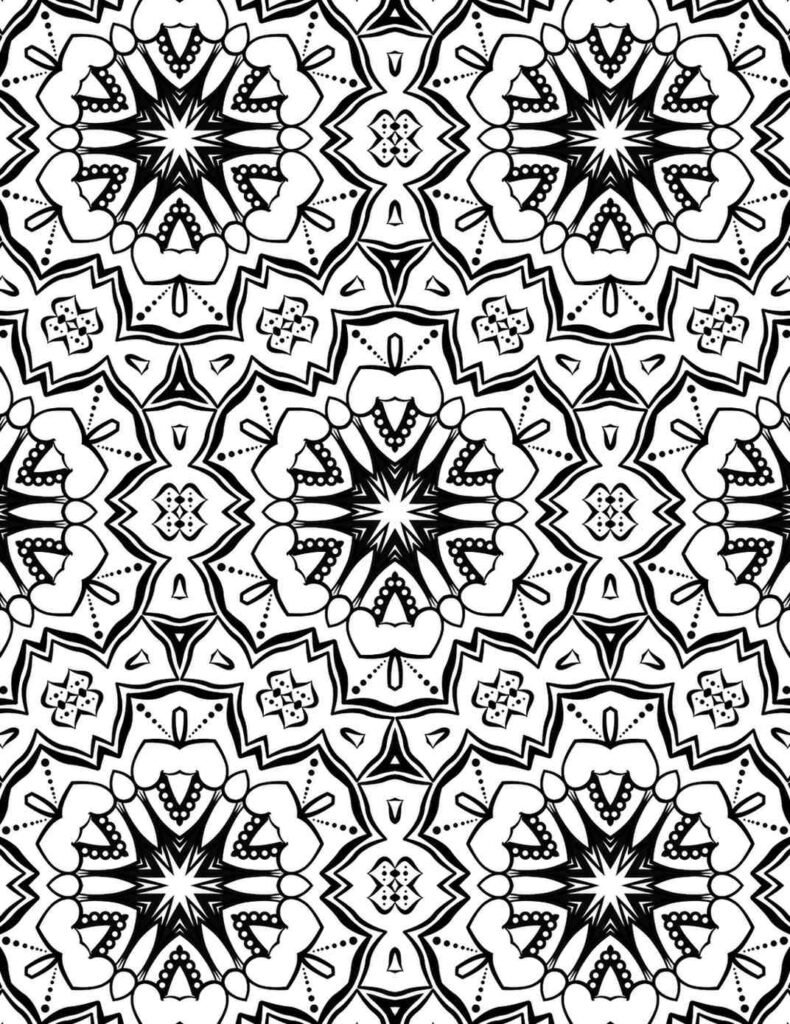 Tree of life mandala with branching roots and circular rings for coloring and meditation