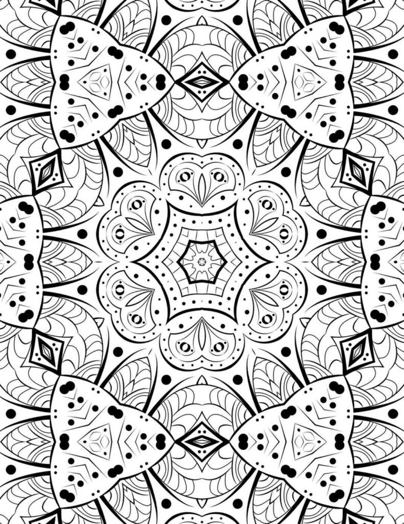 Intricate black-and-white Triad Petal Mandala with triangular center and petal patterns for coloring and meditation