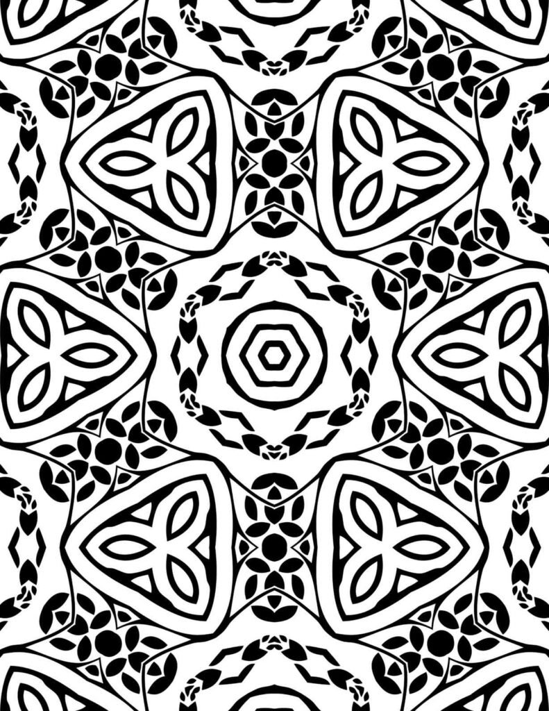 Intricate Triadic Vines Mandala with a central octagon, triadic shapes, and interwoven leafy vines in bold black-and-white for coloring and meditation.