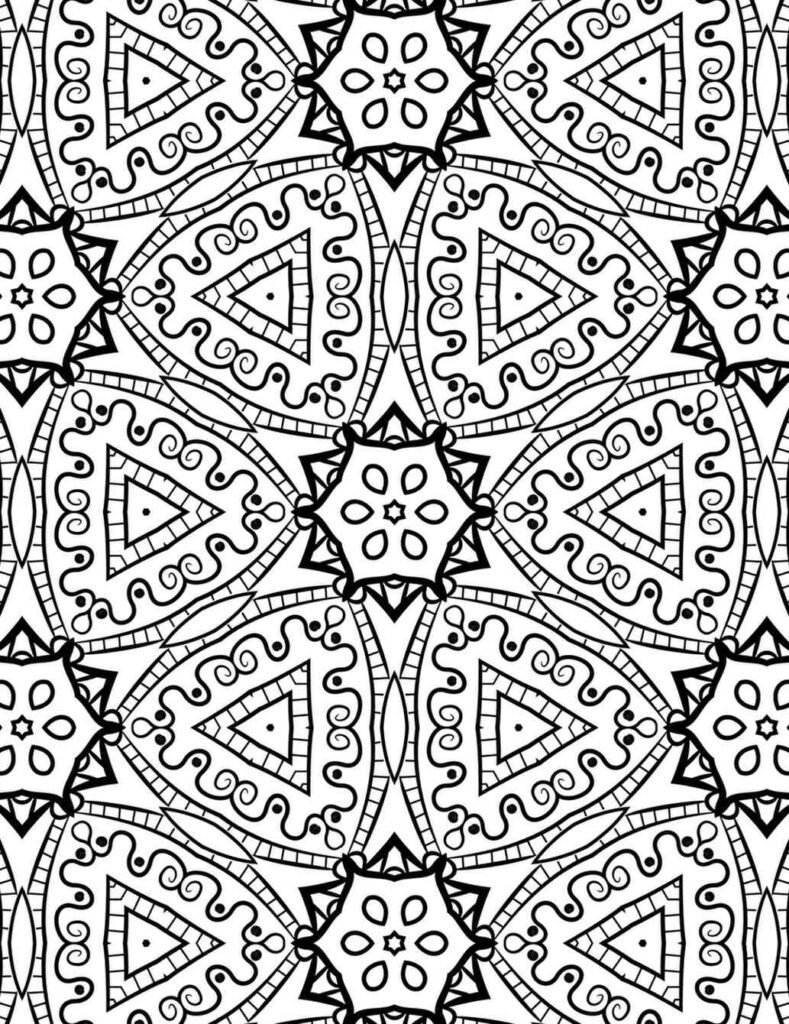 Hand-drawn triangle-based mandala with detailed loops and central floral stars, ideal for coloring and mindfulness