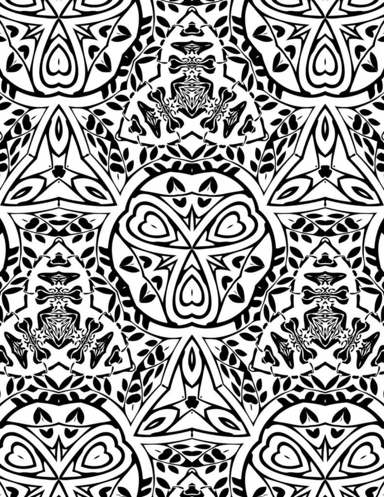Bold tribal face mandala featuring mask-like patterns, organic leaf motifs, and symmetrical tribal art elements for therapeutic coloring