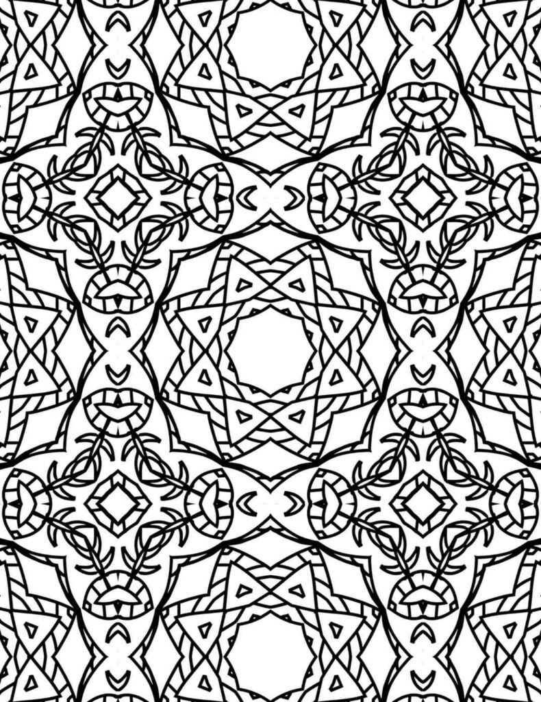 Bold and intricate tribal-inspired mandala coloring page with repeating star patterns, geometric shapes, and stylized organic elements, perfect for mindful coloring and focus.
