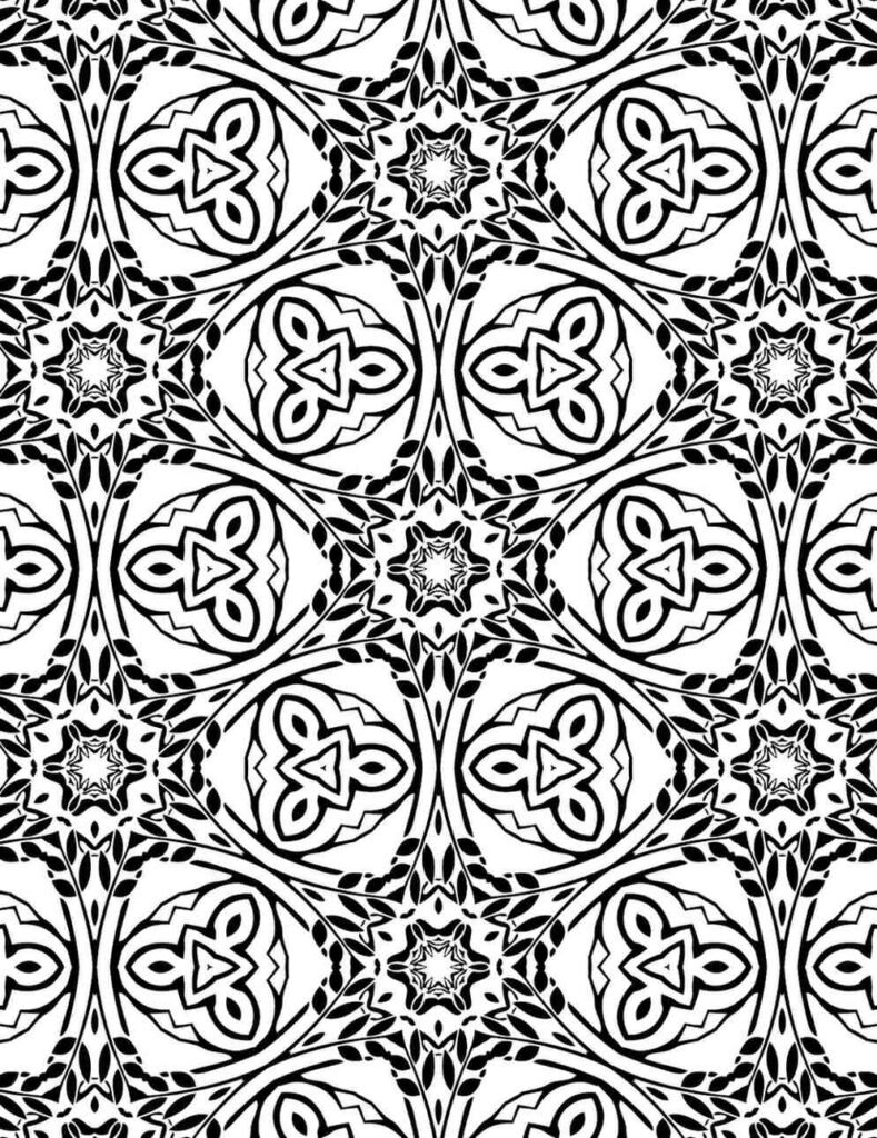 Black and white mandala with repeating triquetra-style knots and starburst centers in a symmetrical radial pattern