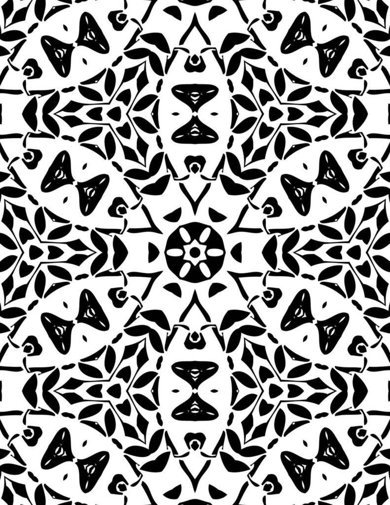 Black and white mandala featuring triple-petal motifs, curved leaves, and symmetrical floral elements for printable coloring and crafts