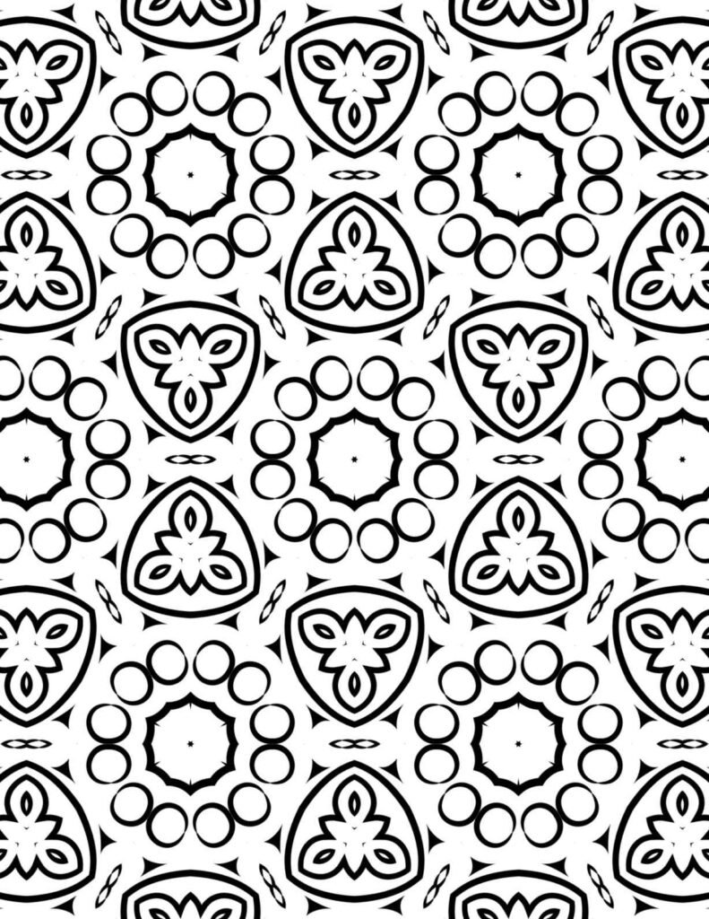 Black and white mandala with shield-like trinity motifs and circular floral elements for coloring and mindfulness