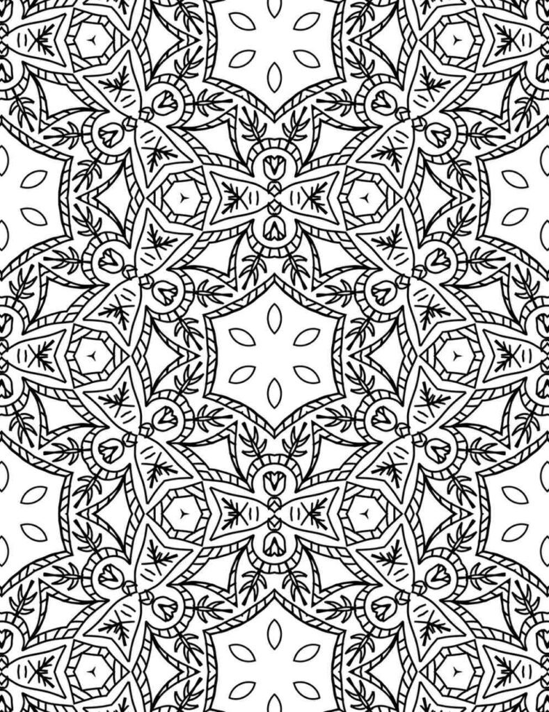 Intricate tropical harmony mandala with star and leaf patterns for coloring and mindfulness