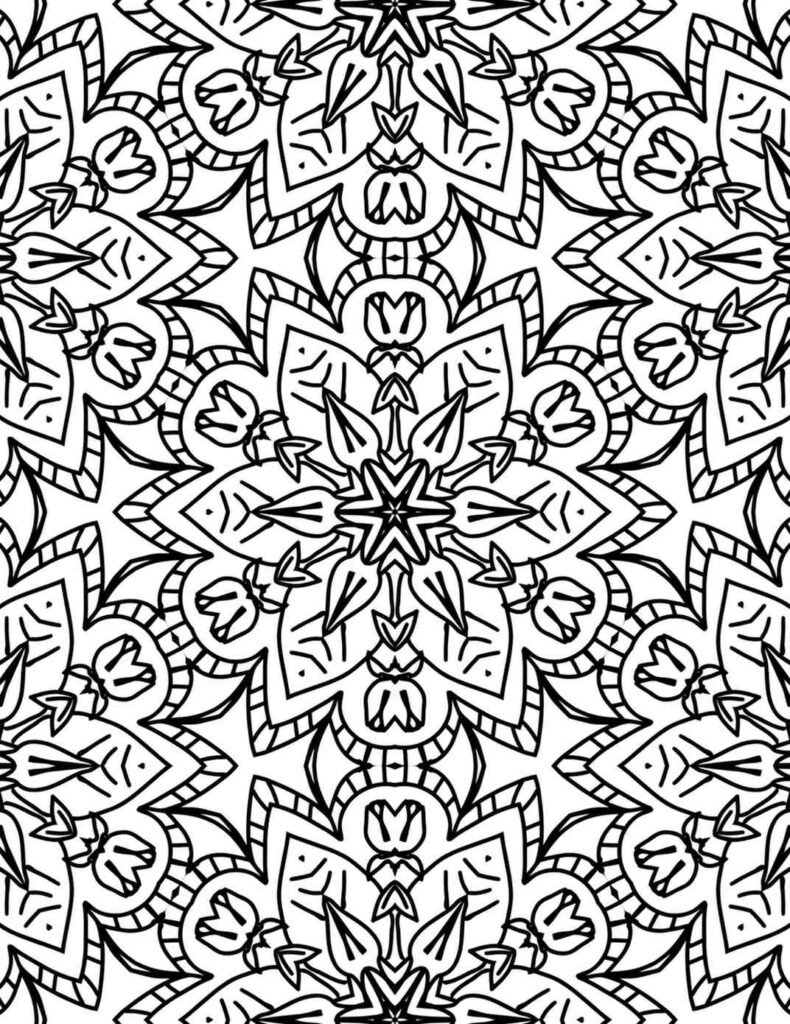 Black and white mandala featuring tulip flower buds, pointed leaves, and layered symmetrical petal shapes