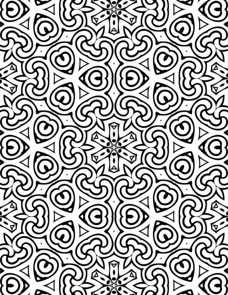 Detailed black and white mandala with swirling ovals and starburst triangular patterns for coloring and relaxation