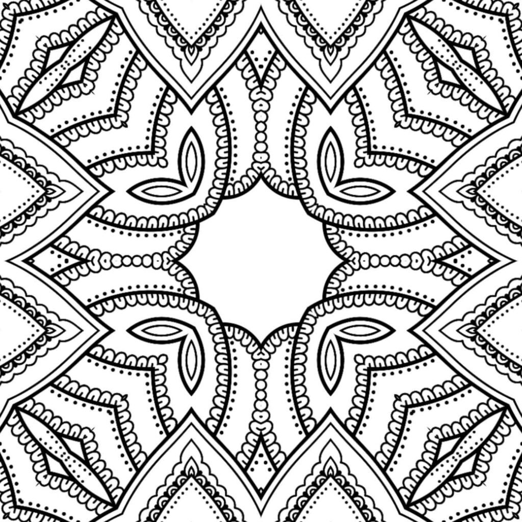 Symmetrical black and white mandala with a central empty square, surrounded by four large, ornate petal-like shapes adorned with dots and small curves.