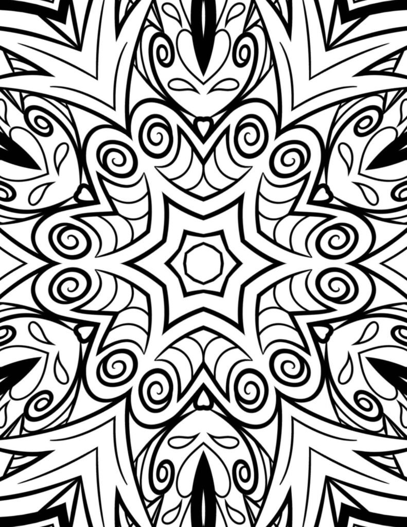 Bold black and white mandala with prominent spirals and a central star, ideal for adult coloring
