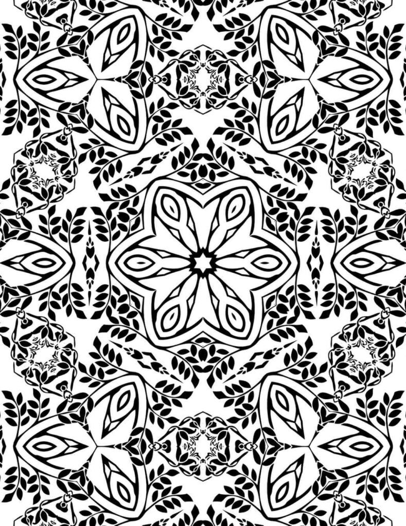 Seamless black and white mandala pattern featuring leaf and petal motifs in symmetrical botanical formations for coloring and decor.