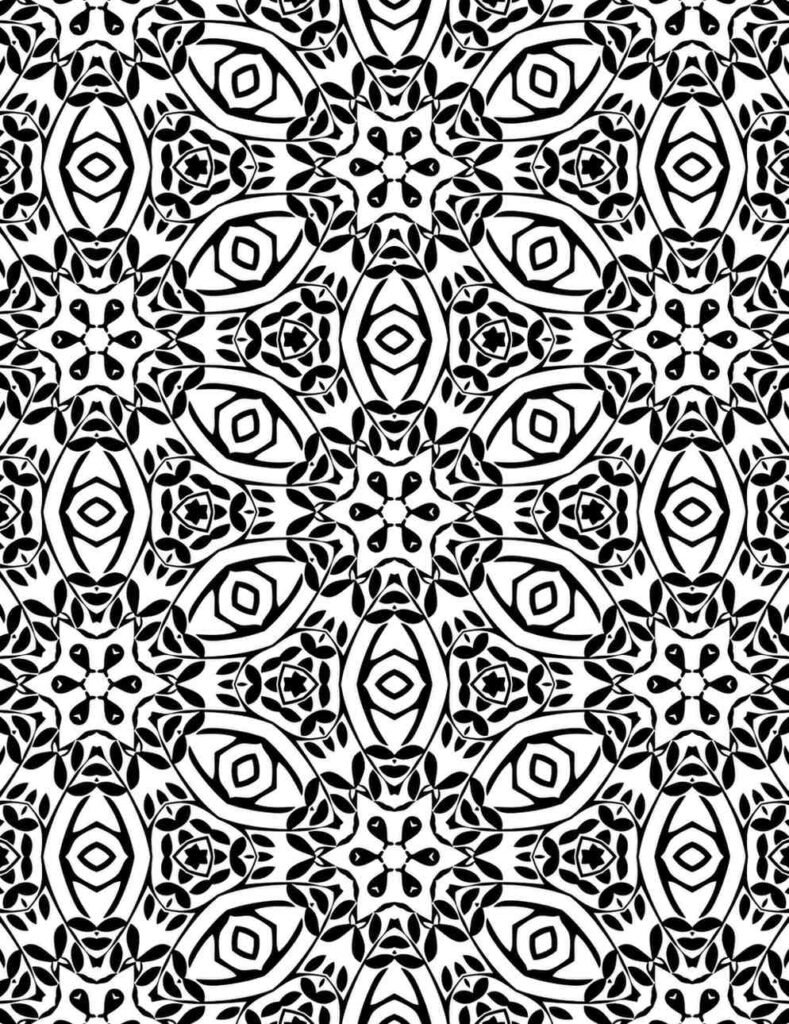 Black and white mandala with almond-shaped eye patterns, petal clusters, and layered floral geometry in a symmetrical layout