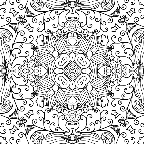 Highly detailed symmetrical mandala with a central blooming motif, surrounded by intricate scrolling vines, delicate leaves, and elegant floral patterns, perfect for mindful adult coloring.