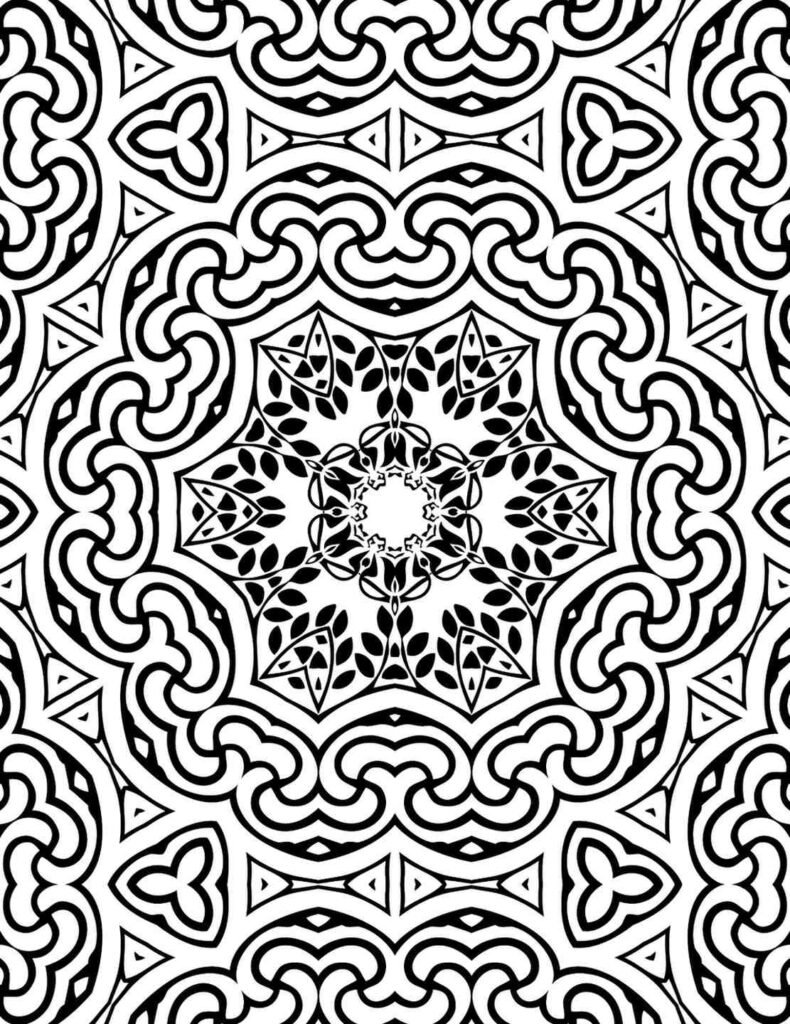 Black and white mandala with swirling knot patterns and leaf-filled geometric shapes forming a floral center