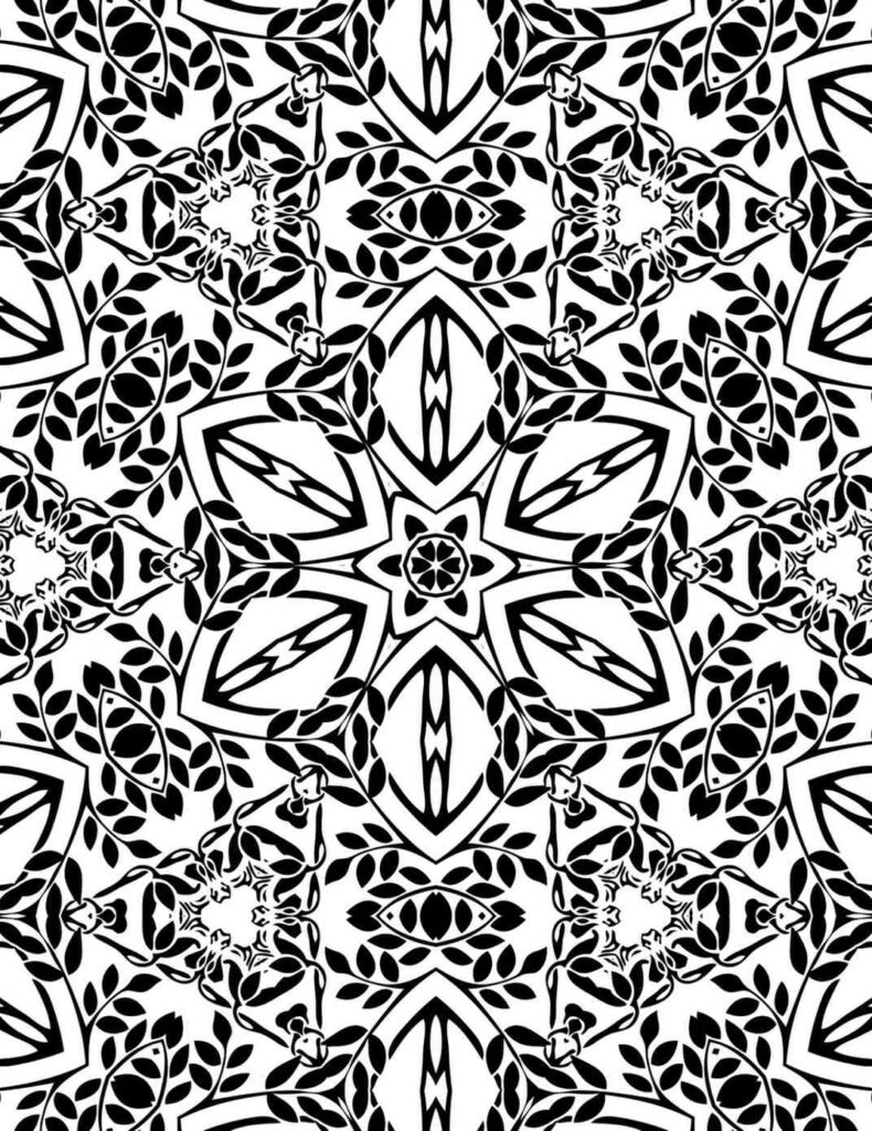 Intricate botanical mandala with repeating leaf and vine patterns, featuring solid black and outlined sections, perfect for mindful coloring.