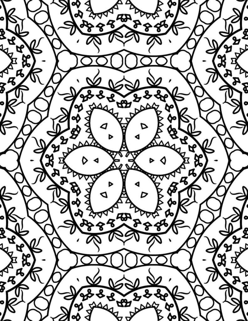 Detailed black-and-white vibrant blossom mandala with petal and leaf patterns for coloring and meditation