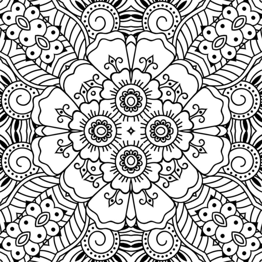 Beautiful vibrant blossom mandala coloring page with symmetrical blooming flowers and intricate patterns, ideal for joyful relaxation.
