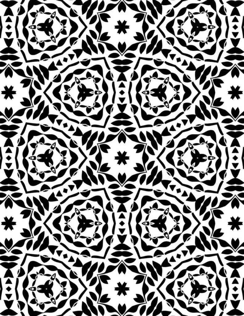 Black and white vibrant leaf kaleidoscope mandala with intricate floral and geometric patterns for coloring and meditation.