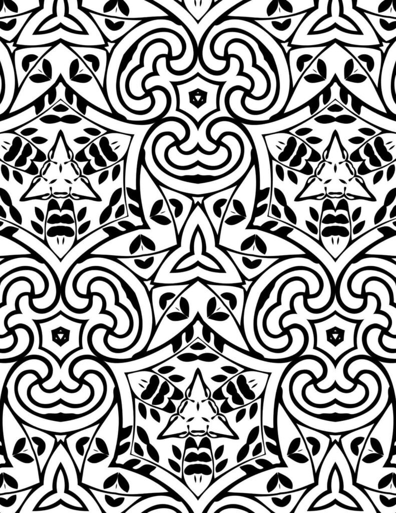Victorian garden Celtic mandala coloring page with trinity knots, ornate scrollwork, botanical diamond frames, and symmetrical leaf patterns in black and white line art
