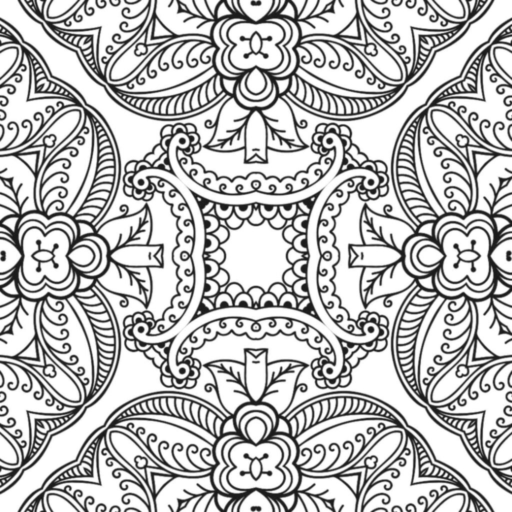 Victorian lace garden mandala featuring ornate floral scrollwork, baroque decorative elements, curved paisley patterns, and intricate botanical motifs for relaxing coloring
