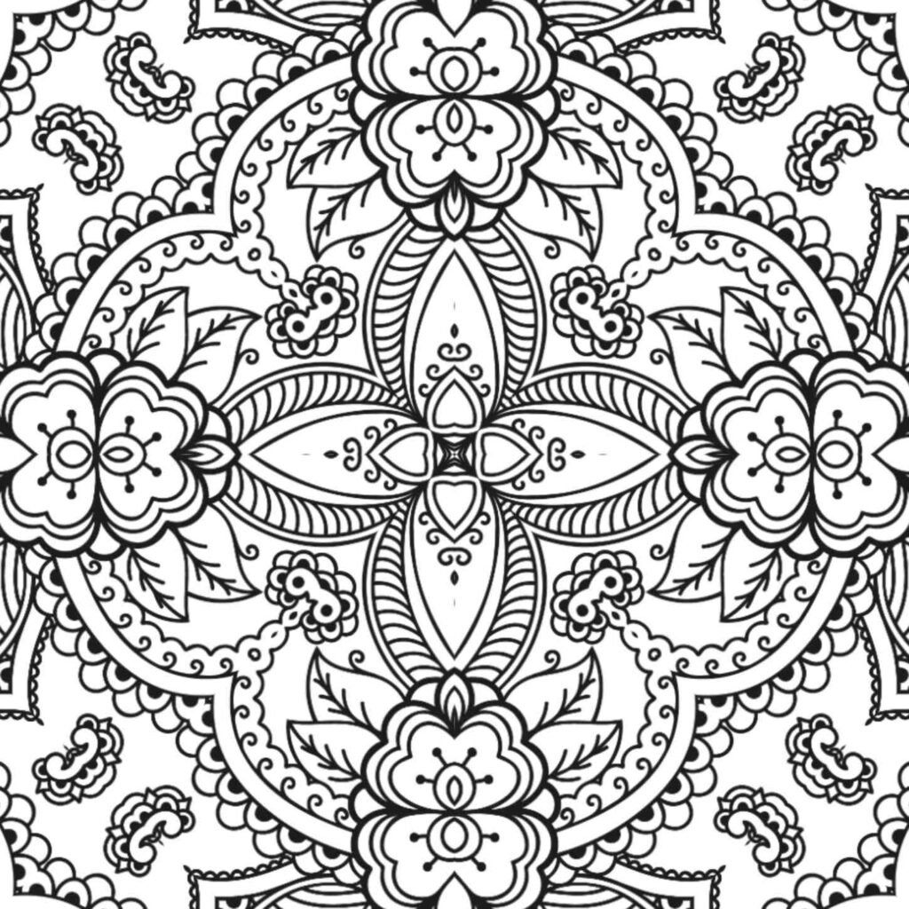 Ornate mandala with floral patterns and butterfly accents for coloring and relaxation