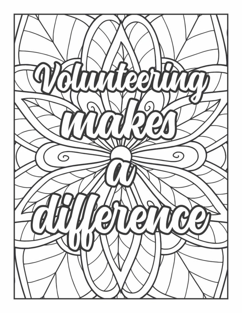 "Volunteering makes a difference" hand-lettering at the center of an intricate, layered mandala coloring design promoting community and altruism.