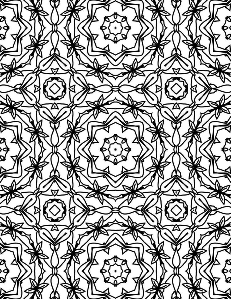 Seamless mandala pattern featuring wavy floral circles and star-like blossoms, ideal for mindful coloring activities