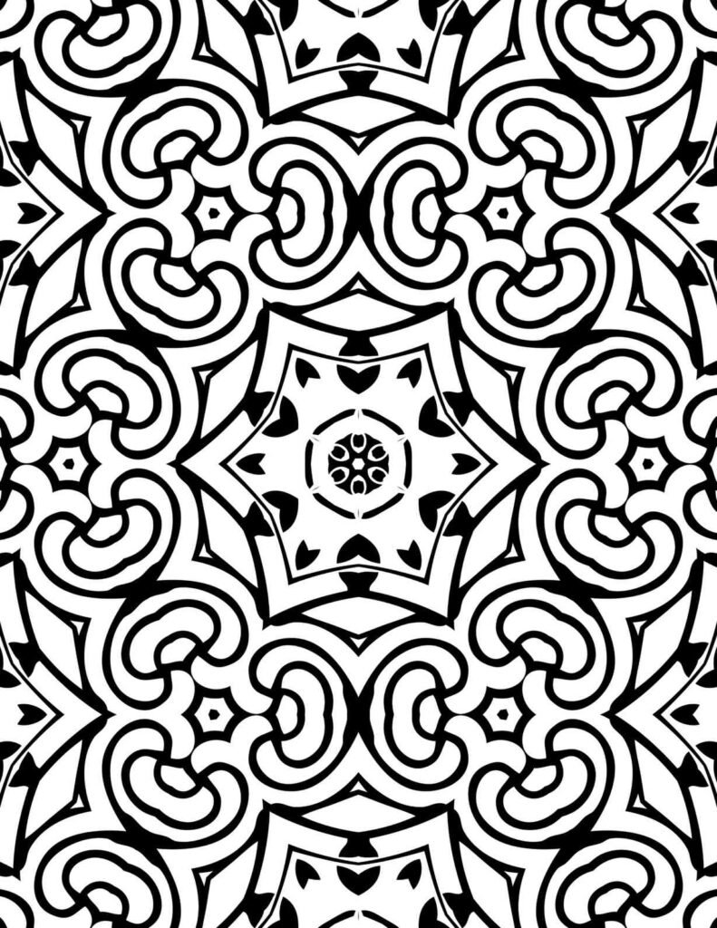 Curved and abstract black and white mandala with heart motifs and star-shaped center