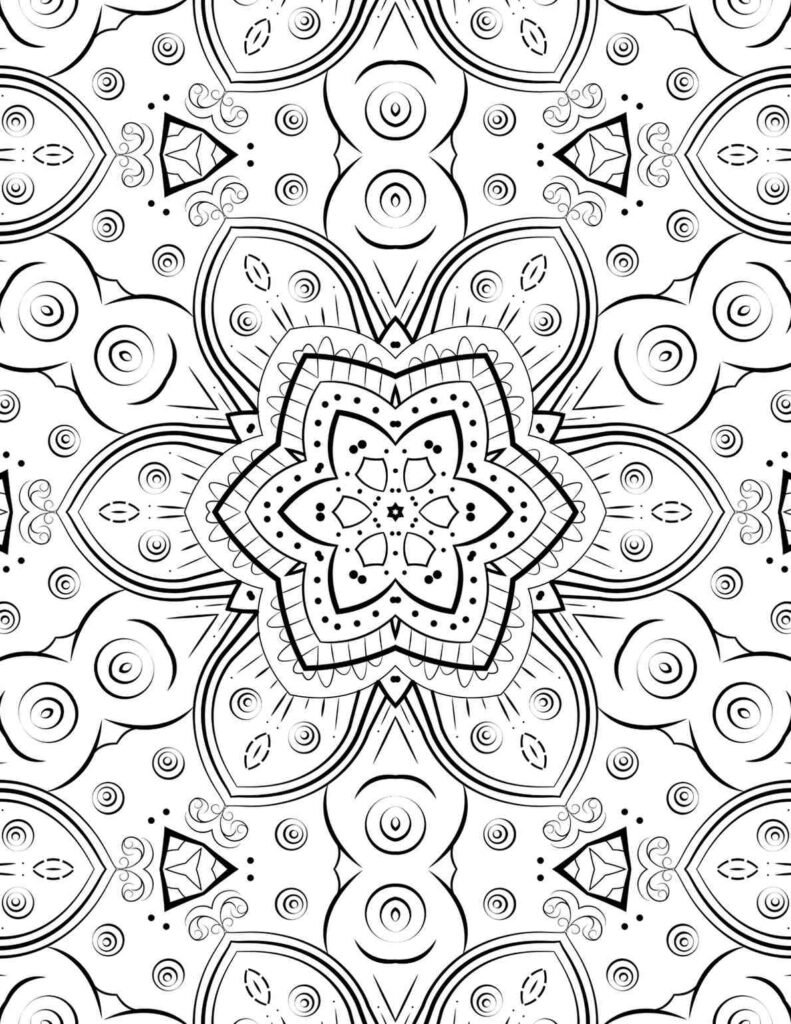 Whimsical dream mandala with floral petals and swirling circles for coloring and meditation
