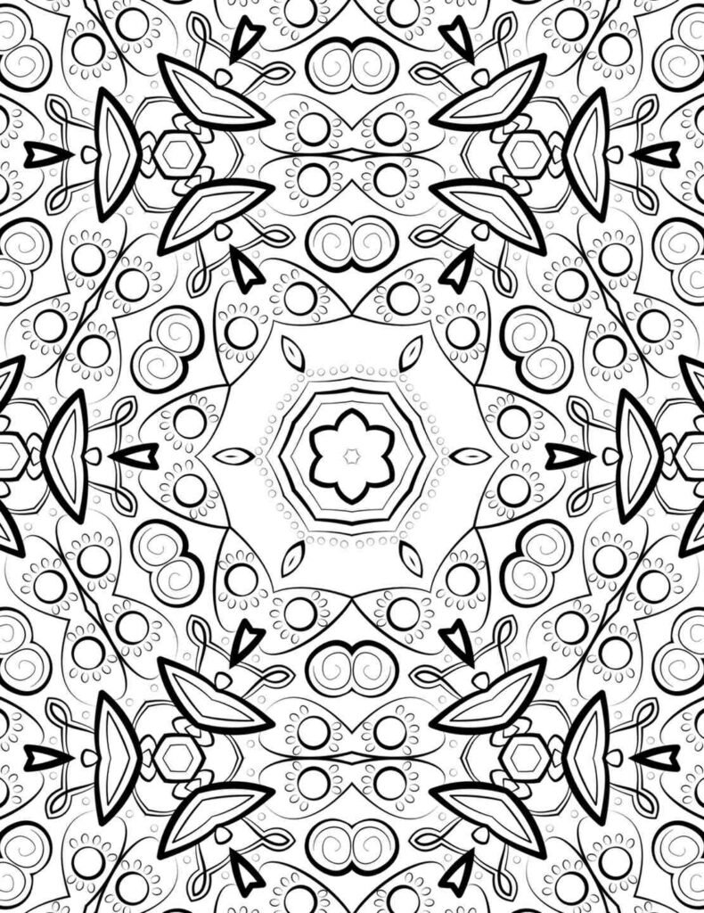 Intricate black and white floral garden mandala with abstract petal, swirl, and leaf patterns for coloring and mindfulness