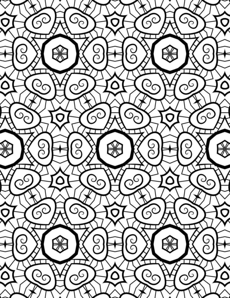 Black and white mandala design featuring heart-shaped elements, swirling lines, and geometric symmetry