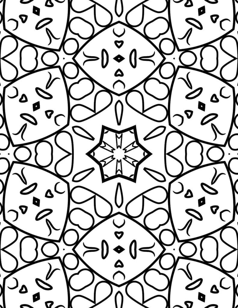 Intricate black-and-white whimsical heartstar mandala with heart and star patterns for coloring and relaxation